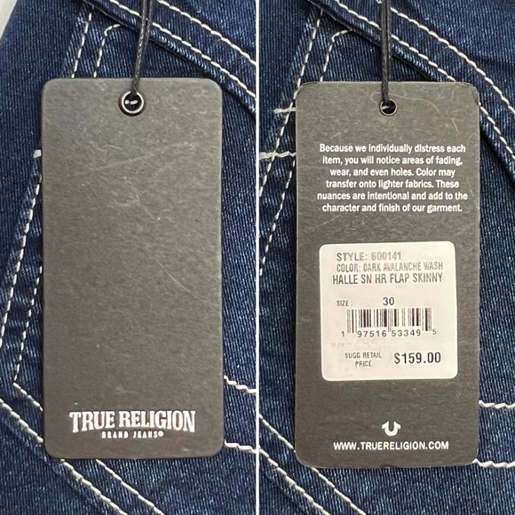 True Religion Jeans Halle Big T High Rise Flap Super Skinny Dark Wash 30/10 NWT - Picture 7 of 9